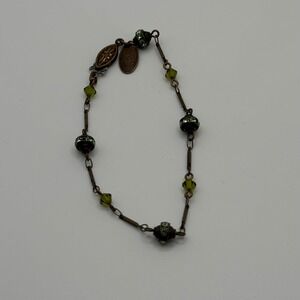 Liz Palacios SF Vintage Style Brass Green Crystal Rhinestone Link Bracelet